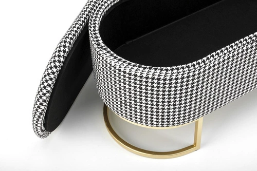 Čalouněná lavice Edessa s úložným prostorem do předsíně v pepitovém vzoru glamour na zlatých nohách