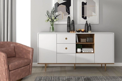 Bílá glamour komoda se zásuvkami Harmoni 160 cm dřevěná se zlatými nožkami do obýváku SKANDICA