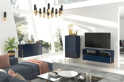 Vysoká komoda Polka Navy Blue glamour se zásuvkou a skříňkami na zlatých nožkách do obýváku 120 cm