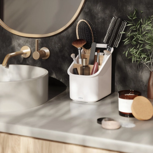 Kuchyňský organizér Bellwood Umbra bílý přírodní dřevo třípatrový s přihrádkami do kuchyně