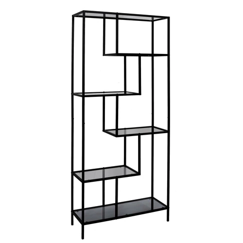 Industriální černá kovová knihovna Edison se skleněnými policemi do obýváku 180 cm