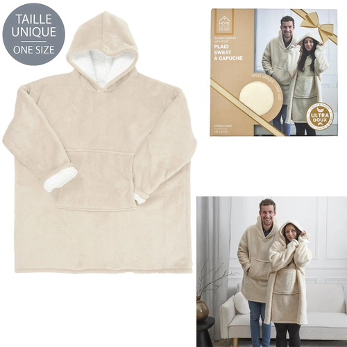 Bluzo deka s kapucí Intesi béžová teplá deka na gauč do obýváku 120x80 cm