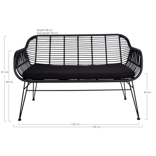 Moderní dvoumístná pohovka Trieste s područkami z černého polyratanu do obývacího pokoje a předsíně