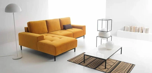 Rohová rozkládací pohovka Revon žlutá moderní sametová levá do obýváku 266 cm