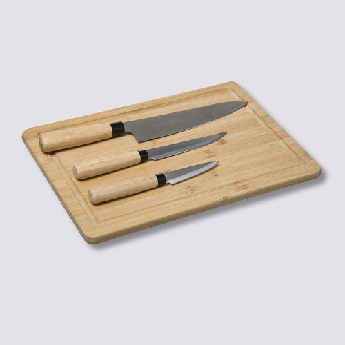Sada 3 kuchyňských nožů z nerezové oceli a bambusové krájecí prkénko s drážkou 5five