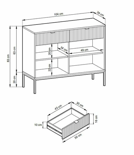 Komoda Delicious moderní v kasmírové barvě s drážkováním a zásuvkami na černých nohách do obýváku 104 cm