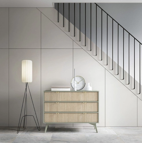 Komoda se zásuvkami Sage 106 cm rybí kost s nádechem šalvějové zeleně glamour na nožkách do obýváku Intesi