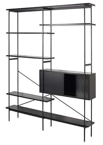 Kovový regál Angus černý industriální do obýváku se skříňkou a policemi 172 cm Actona