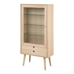 Moderní vitrína na knihy se zásuvkami Century bělený dub sklo do obýváku 143 cm Actona