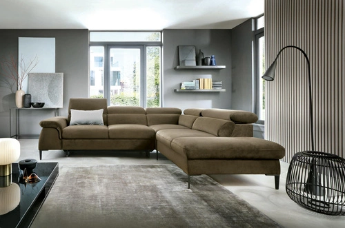 Rohová rozkládací pohovka Silvo L pravá olivová skandinávská do obýváku s úložným prostorem