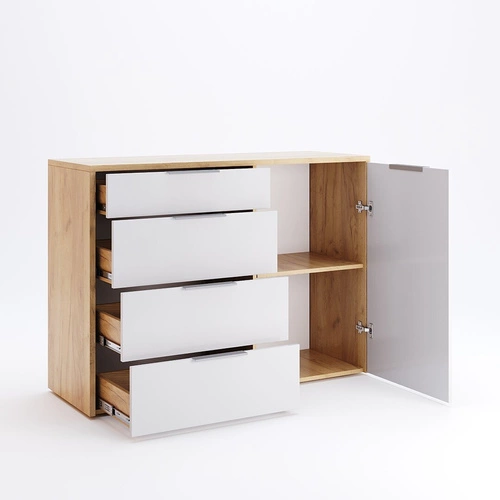 Komoda se zásuvkami Tissa 120 cm bílý lesk dub moderní do obýváku Intesi