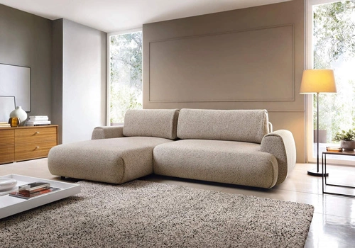 Moderní béžová rohová rozkládací pohovka do obýváku s úložným prostorem levá Ljung Intesi