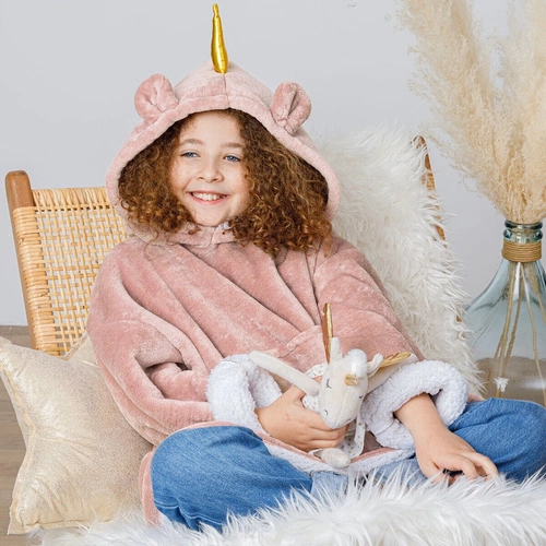 Dětská růžová fleecová deka s kapucí Unicorn do dětského pokoje Atmosphera