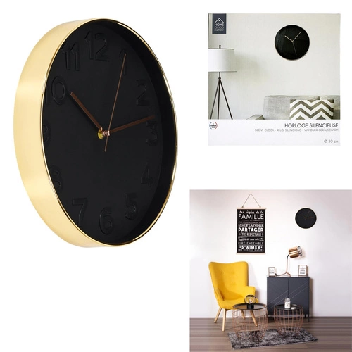 Moderní nástěnné hodiny Rotin Intesi černo-zlaté do obýváku Ø 31 cm elegantní design