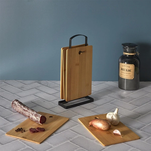 Sada 6 bambusových krájecích prkének Intesi na stojanu do kuchyně obdélníkových