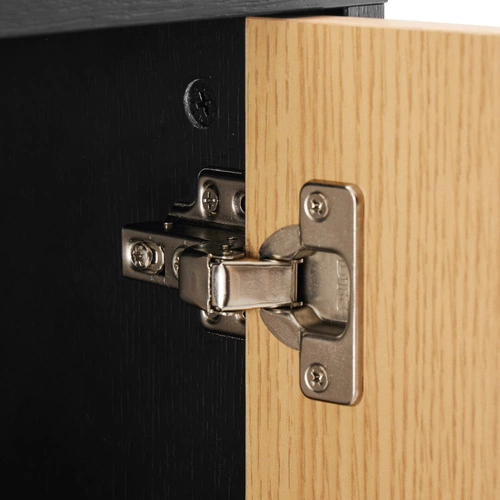 Komoda Clar 160 cm moderní dub a černá s čely v rybí kosti na kovových nohách do obýváku