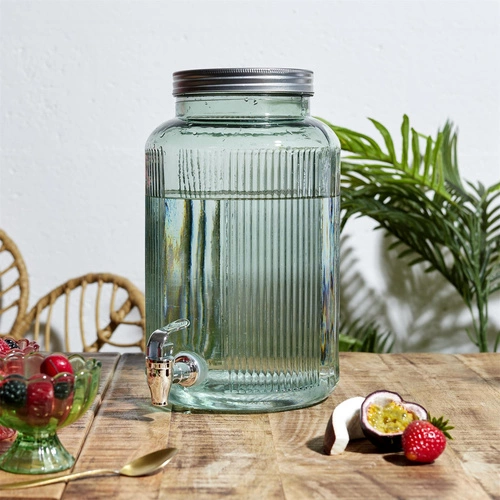 Skleněný nápojový dispenser 5 l Intesi moderní zelený s kohoutkem na limonádu do kuchyně