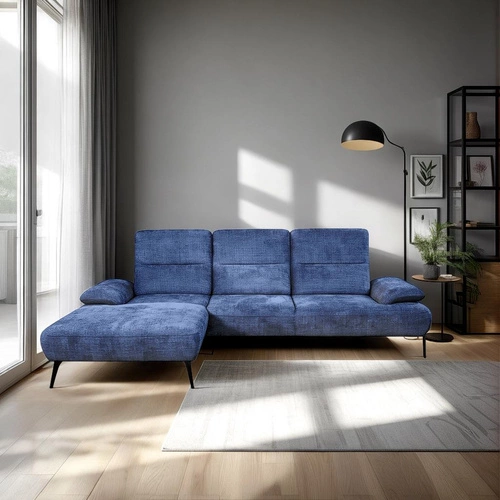 Moderní modrá rohová sedačka Rasmus levá s nastavitelnou opěrkou do obýváku Intesi