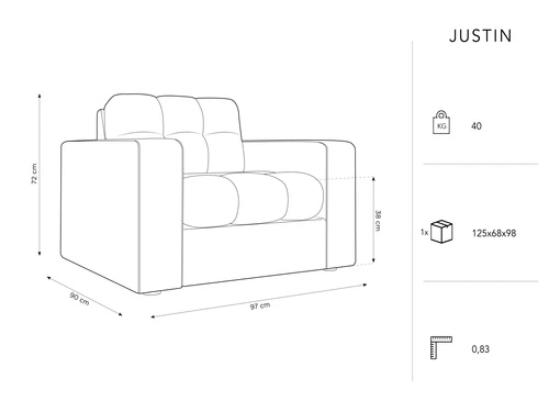Moderní šedé křeslo Justin do obýváku, čalouněné s područkami, styl glamour