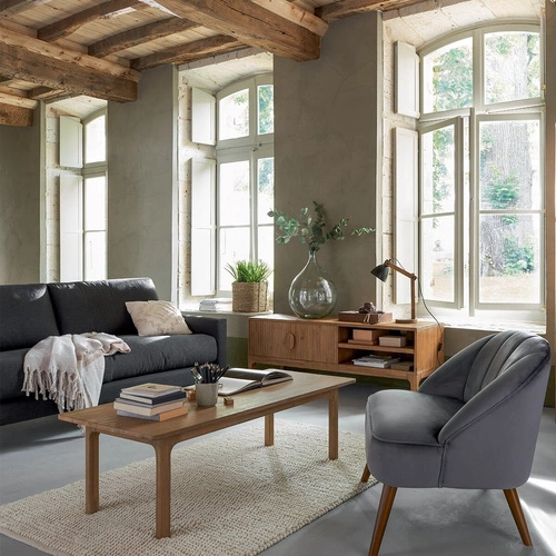 Šedé sametové křeslo Naova do obýváku, skandinávský styl, s područkami, snadno čistitelné Atmosphera