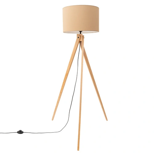Stojací lampa do obýváku NATT moderní dřevěný trojnohý podstavec s taupe stínidlem 140 cm