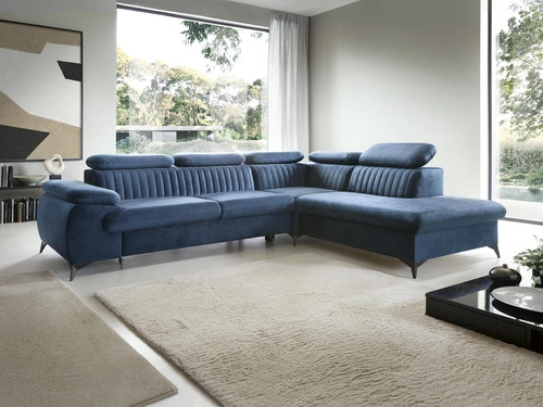 Moderní rohová rozkládací pohovka Lund L pravá, modrá, s úložným prostorem do obýváku