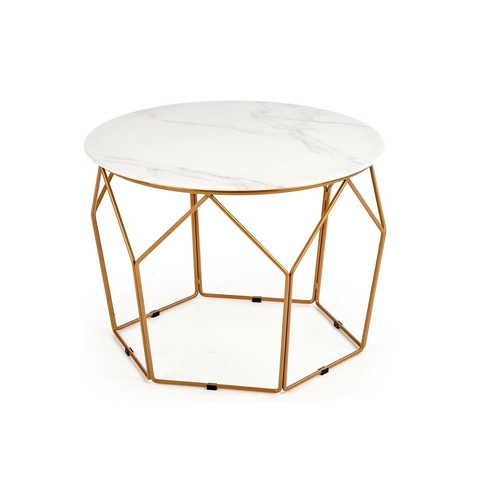 Konferenční stolek Safakis kulatý skleněný bílý mramor zlatý moderní glamour do obýváku 60 cm