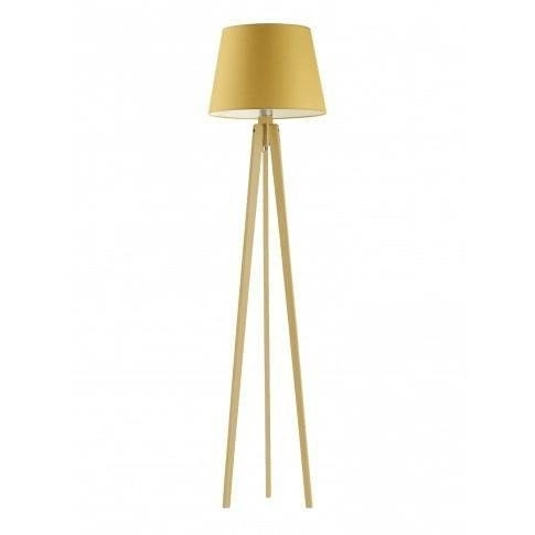 Stojací lampa Curacao do obýváku, moderní s hořčicovým stínidlem a dubovým trojnožkou