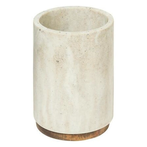 Bežový kelímek na zubní kartáčky s mramorovým efektem poliresin a akácie koupelnový 5five