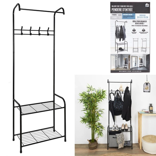 Intesi minimalistický černý kovový stojanový věšák do předsíně s policemi 170 cm