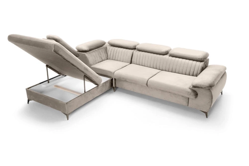 Moderní levá rohová pohovka Lund L s rozkladem na spaní, béžová, s úložným prostorem do obýváku