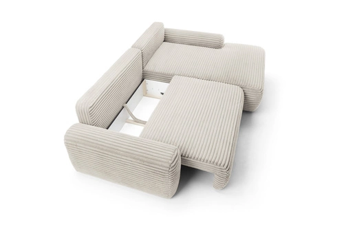 Rohová rozkládací pohovka Domle pravá béžová manšestrová s úložným prostorem moderní do obýváku