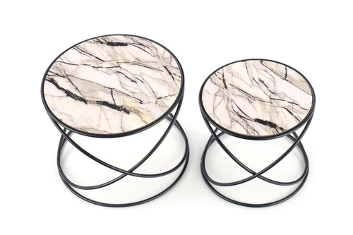 Sada 2 kulatých konferenčních stolků Chaletz bílý mramor moderní do obýváku 2v1