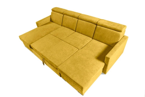 Rohová rozkládací sedačka Mils U hořčicová moderní do obýváku s úložným prostorem