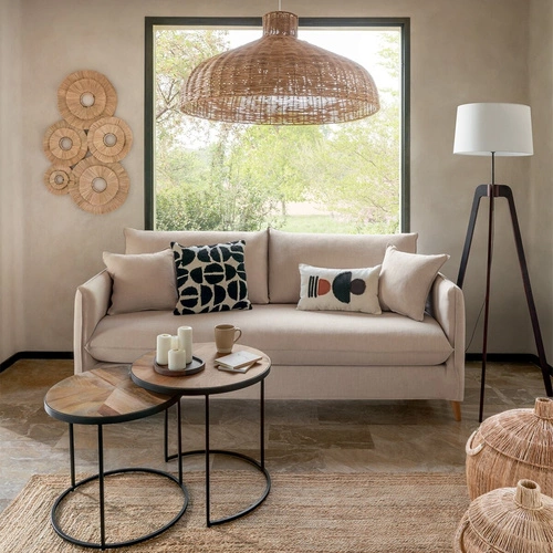 Sada 2 kulatých konferenčních stolků Basile do obýváku, loftový styl, mangové dřevo a černý kov