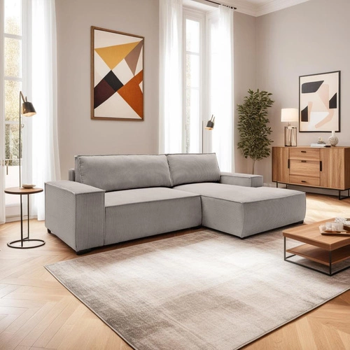 Rohová rozkládací pohovka pravá Molde M do obýváku béžová s úložným prostorem z manšestru