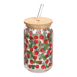 Sklenice na nápoj s víčkem a brčkem Soleo 530 ml jahody Intesi – letní design