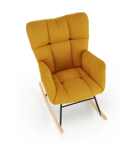 Houpací křeslo Caipola hořčicové do obýváku skandinávské čalouněné s područkami