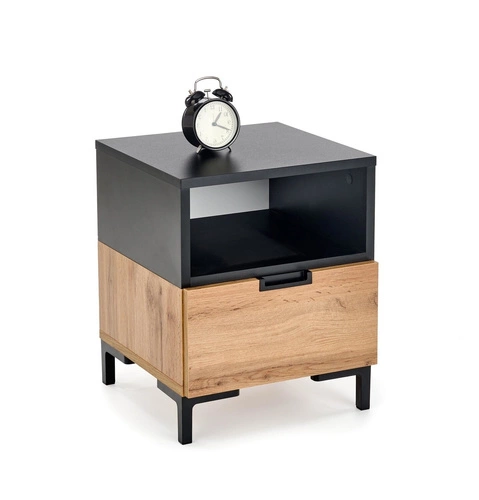Noční stolek Intesi Tisaia 40 cm dub wotan/černá se zásuvkami, moderní styl do ložnice