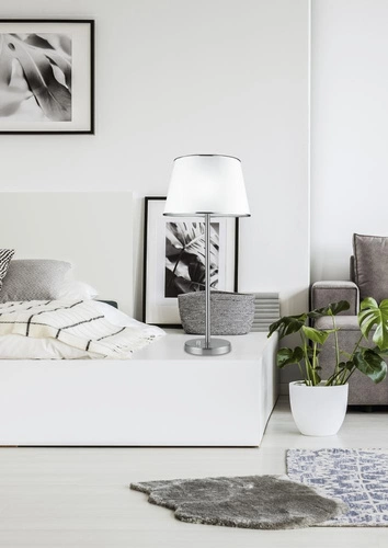 Stolní lampa Ibis stříbrná klasická s látkovým stínidlem do ložnice a obýváku se stmívačem