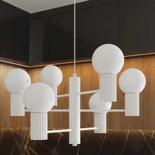 Moderní bílý skleněný lustr HALO 6 do obýváku a jídelny stropní svítidlo