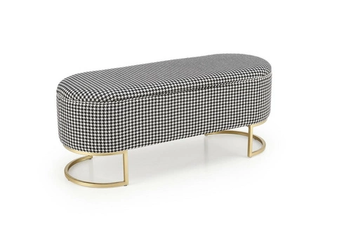 Čalouněná lavice Edessa s úložným prostorem do předsíně v pepitovém vzoru glamour na zlatých nohách