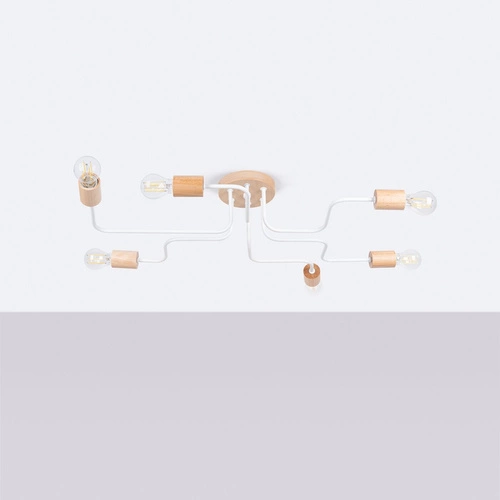 Loftový lustr TIMBO 6 bílý s dřevem moderní stropní svítidlo do obýváku