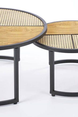 Sada 2 kulatých konferenčních stolků Namiga boho ratan dub zlatý a černý do obýváku 2v1