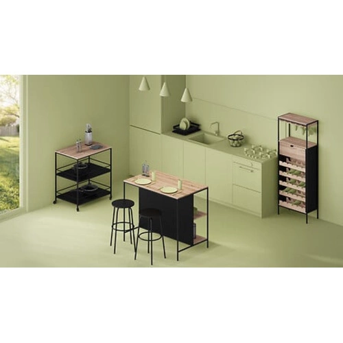 Industriální barový ostrůvek Aliaj do kuchyně s policemi, obdélníková dubová deska a černé nohy 95 cm