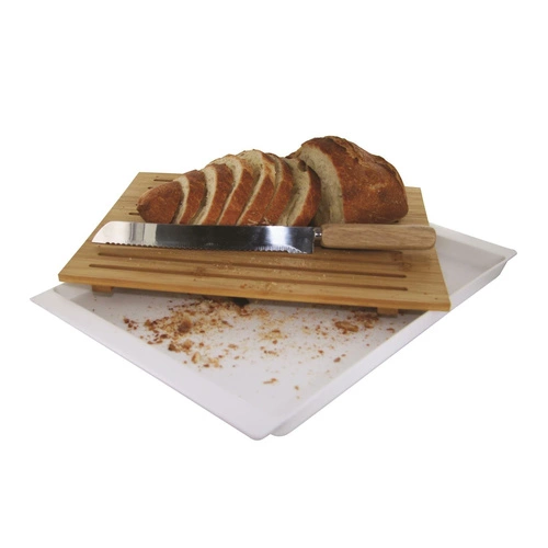 Intesi bambusové prkénko na krájení chleba s nožem a zásobníkem na drobky bílé 38x27 cm