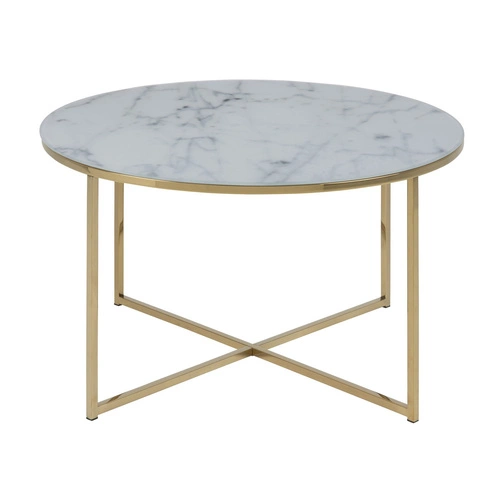 Kulatý konferenční stolek Alisma skleněný bílý se zlatou kovovou podnoží glamour do obýváku 80 cm