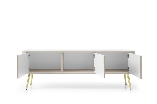 TV stolek Seda béžový s drážkovaným povrchem a policemi na vysokých zlatých nohách do moderního obýváku