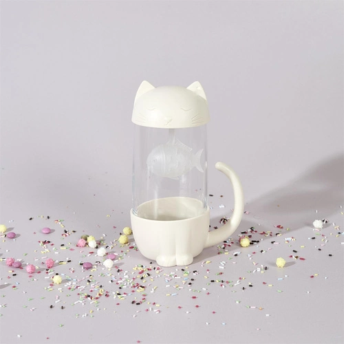 Skleněný hrnek Kawaii s filtrem kočička s rybičkou 300ml na čaj Intesi moderní
