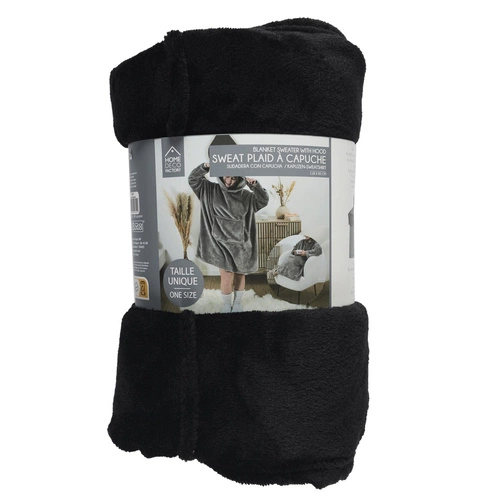 Černá deka mikina s kapucí Snuddie Intesi teplý fleecový přehoz na gauč do obýváku